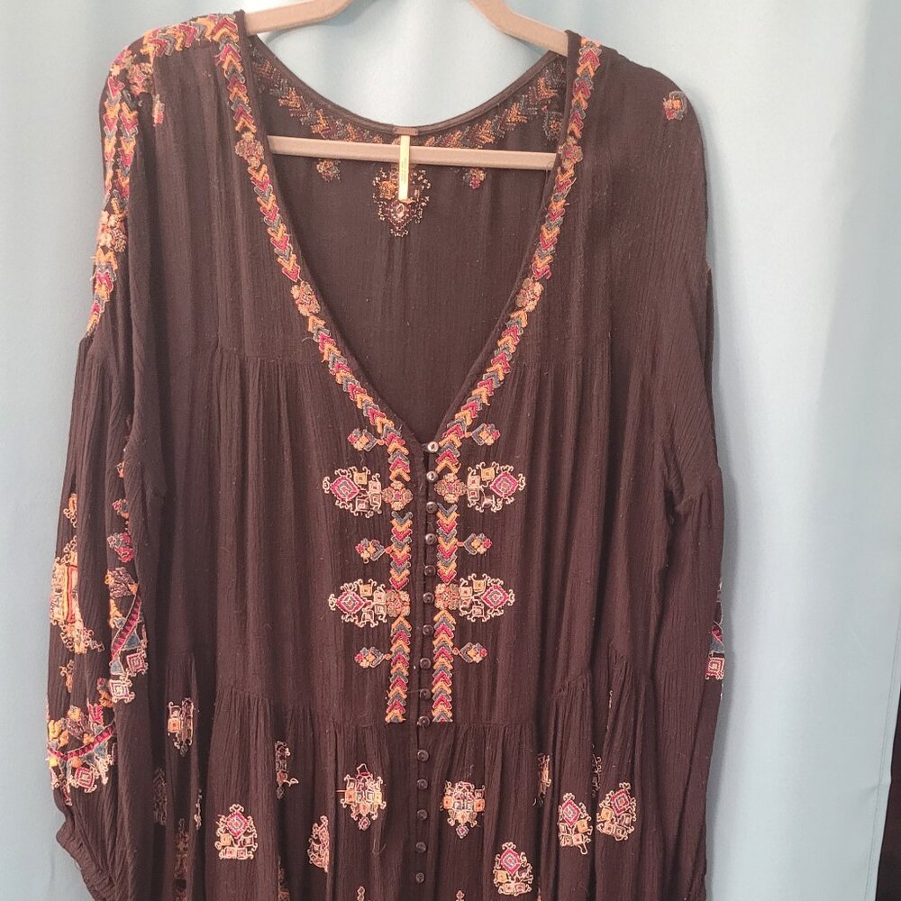 Free People Embroidered Boho Tunic Dress | Black, Medium | Semi-Sheer